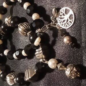 2 black glass beaded bracelets with charms tree of life & metal Beaded